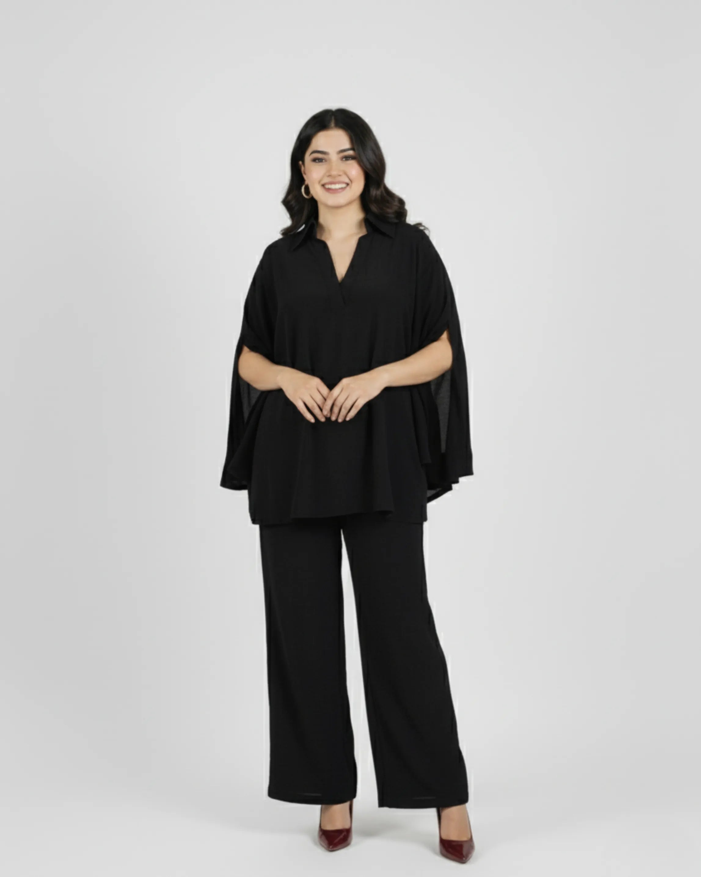Fractured Crepe Top with Pants Set in Black
