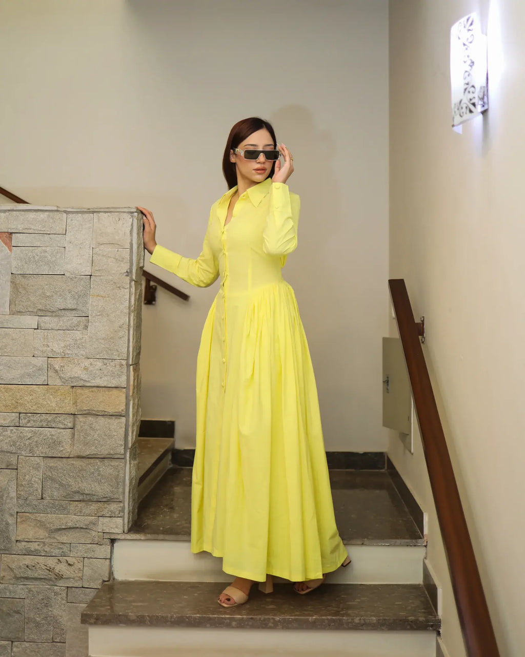 Gathered Dress in Lemon Yellow