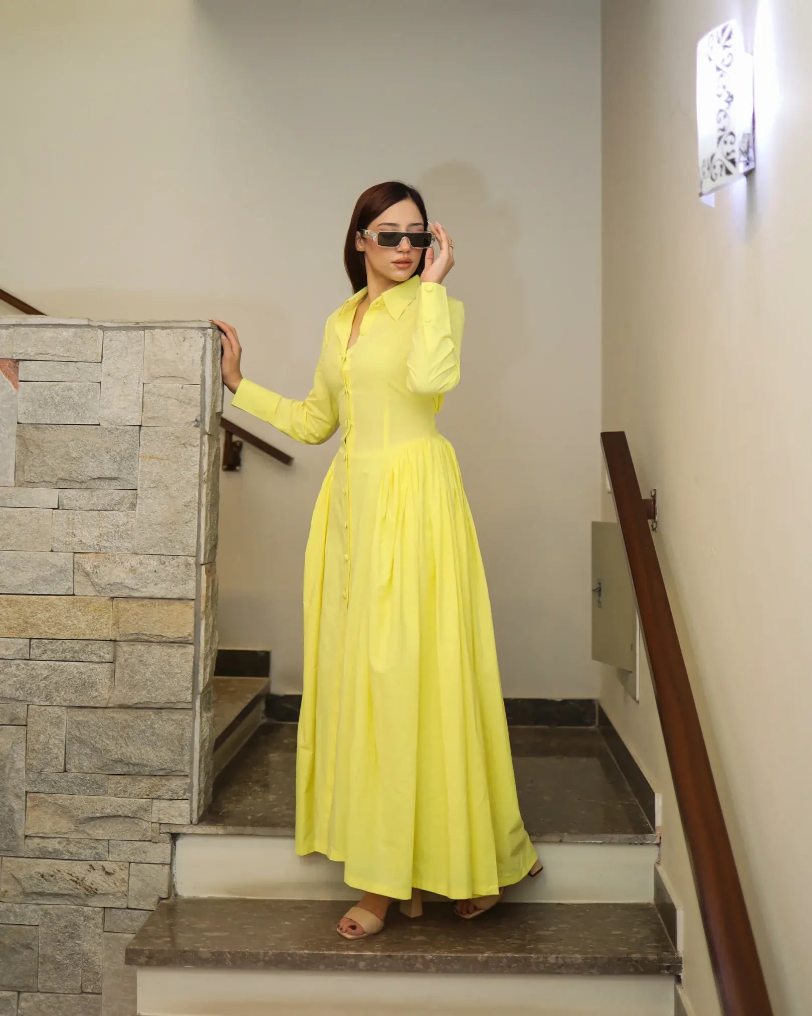 Gathered Dress in Lemon Yellow