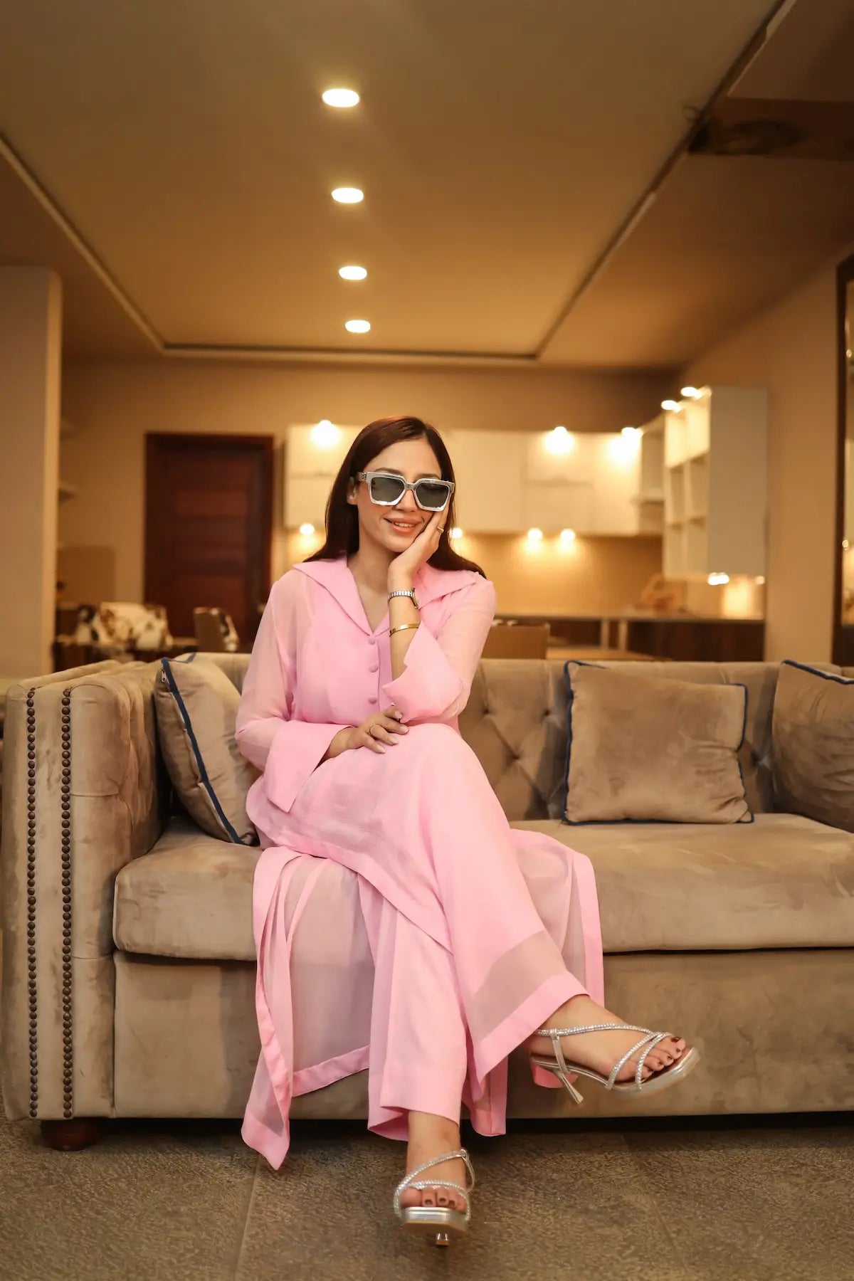 70s Groove Long Shirt Set in Pastel Pink
