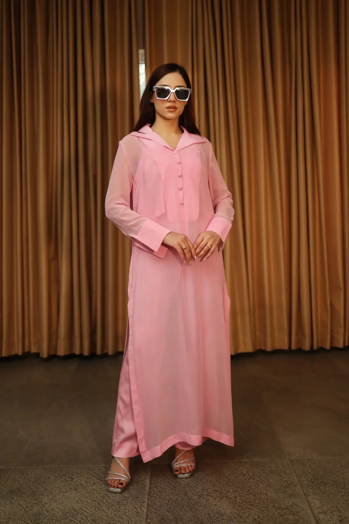 70s Groove Long Shirt Set in Pastel Pink