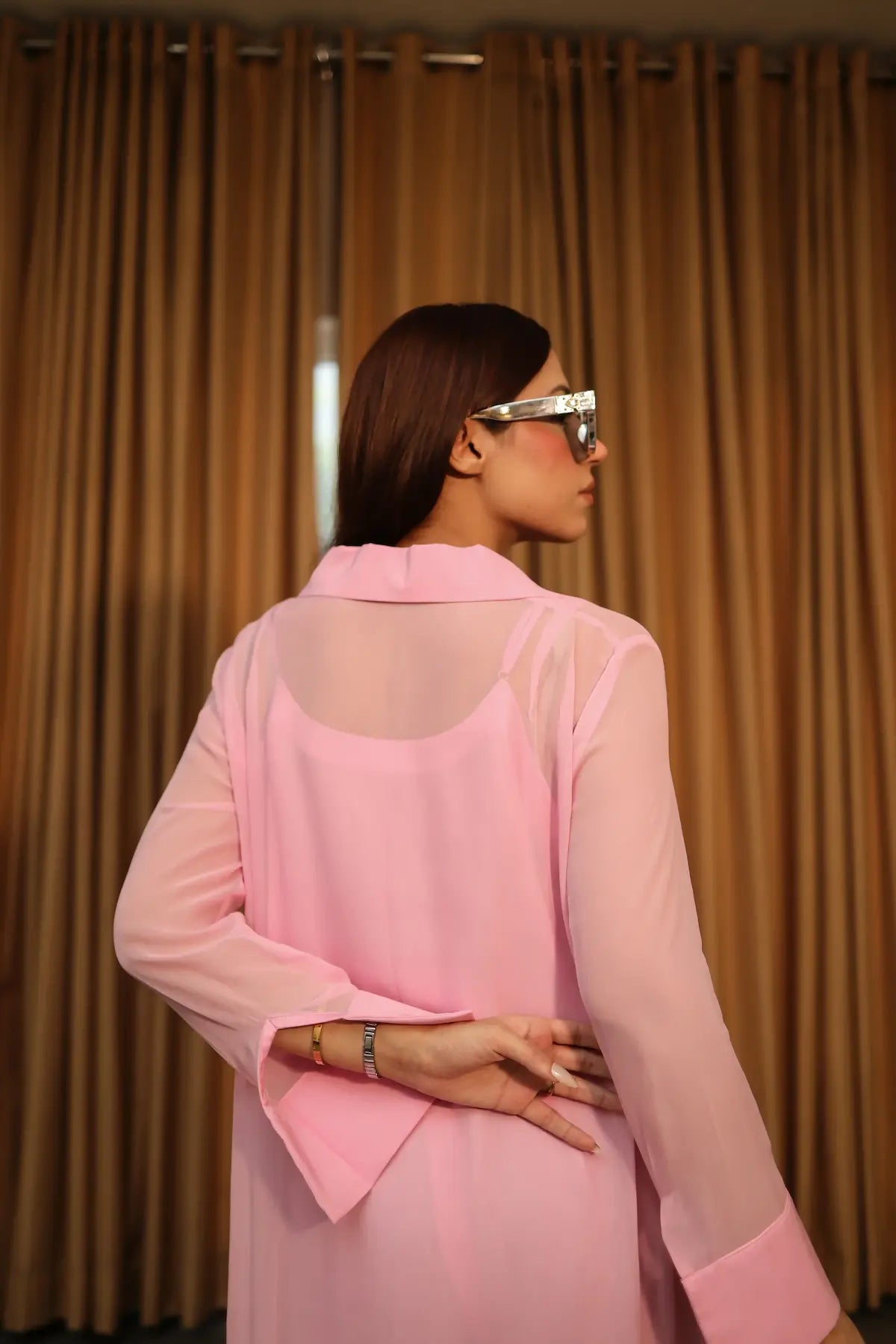 70s Groove Long Shirt Set in Pastel Pink
