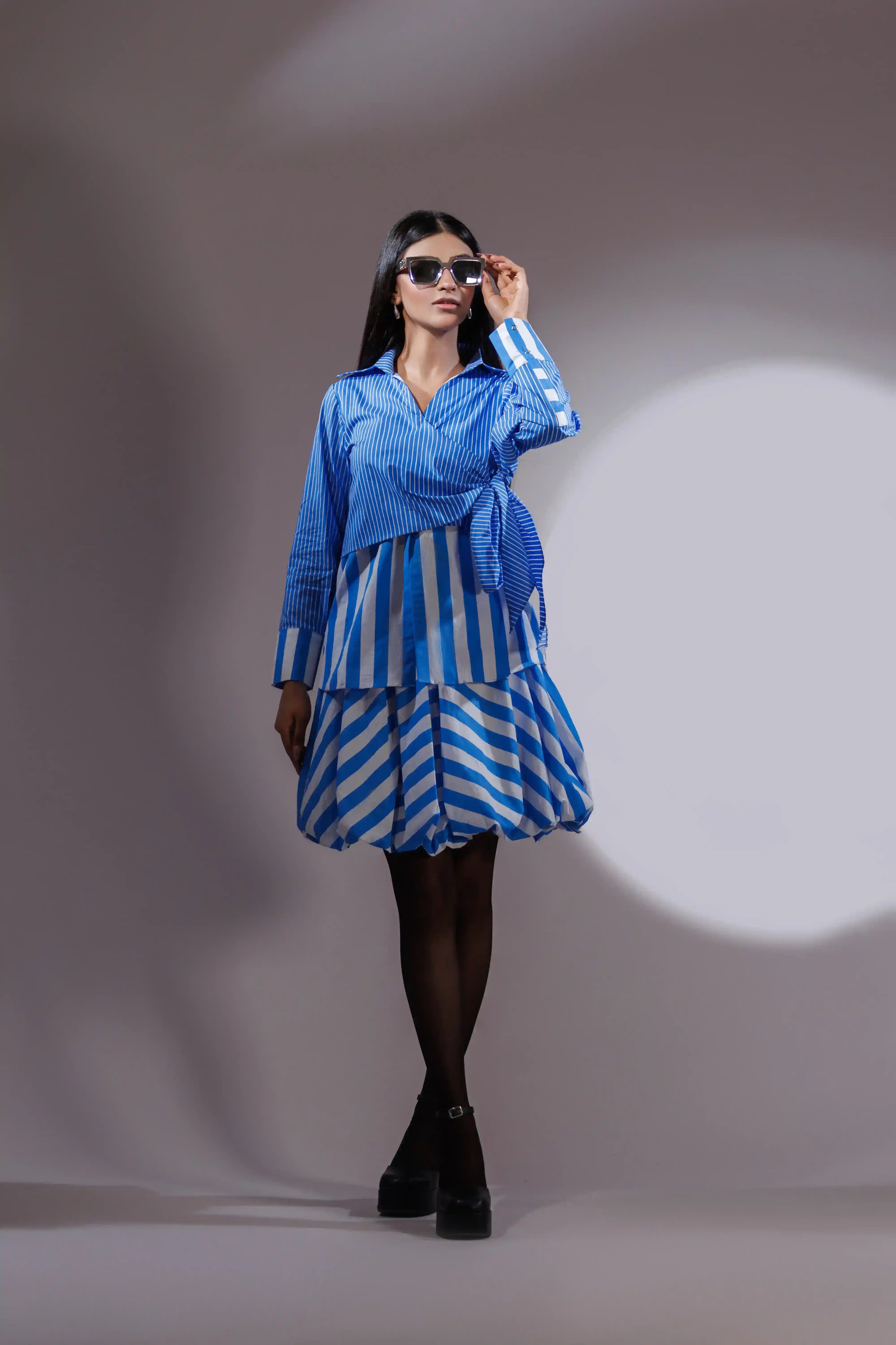 Blue Striped Mini Balloon Skirt
